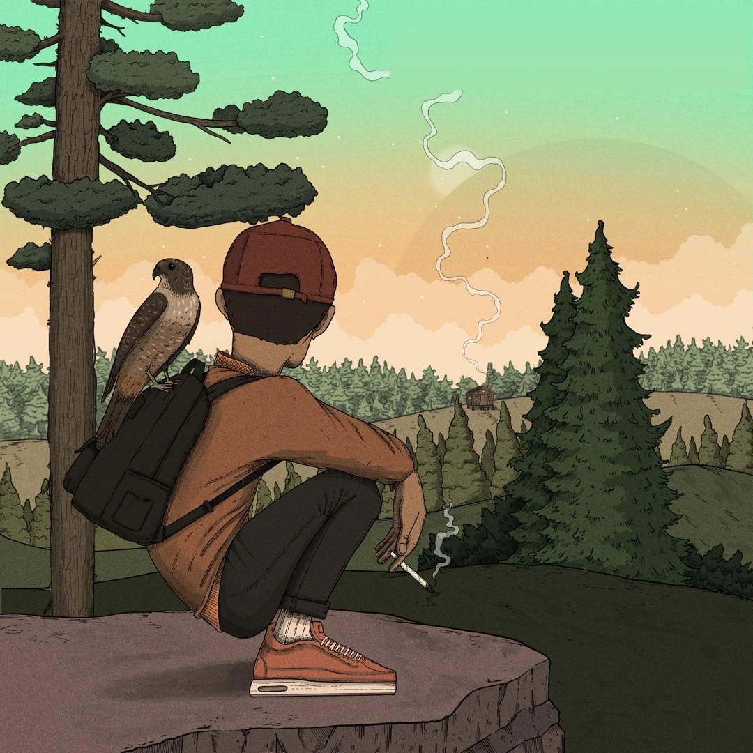 Figure on stump in golden hour forest with hawk on shoulder