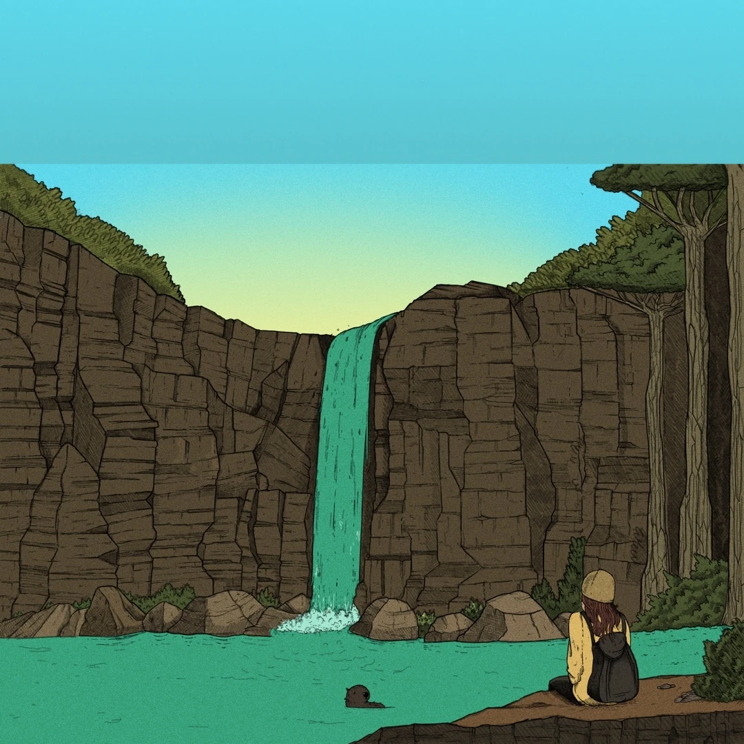 Turquoise canyon waterfall pool with woman seated by the water