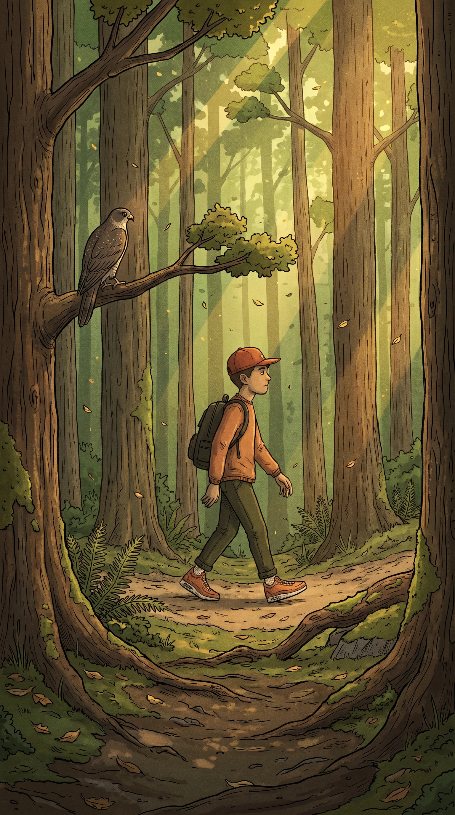 Forest path, hawk on branch
