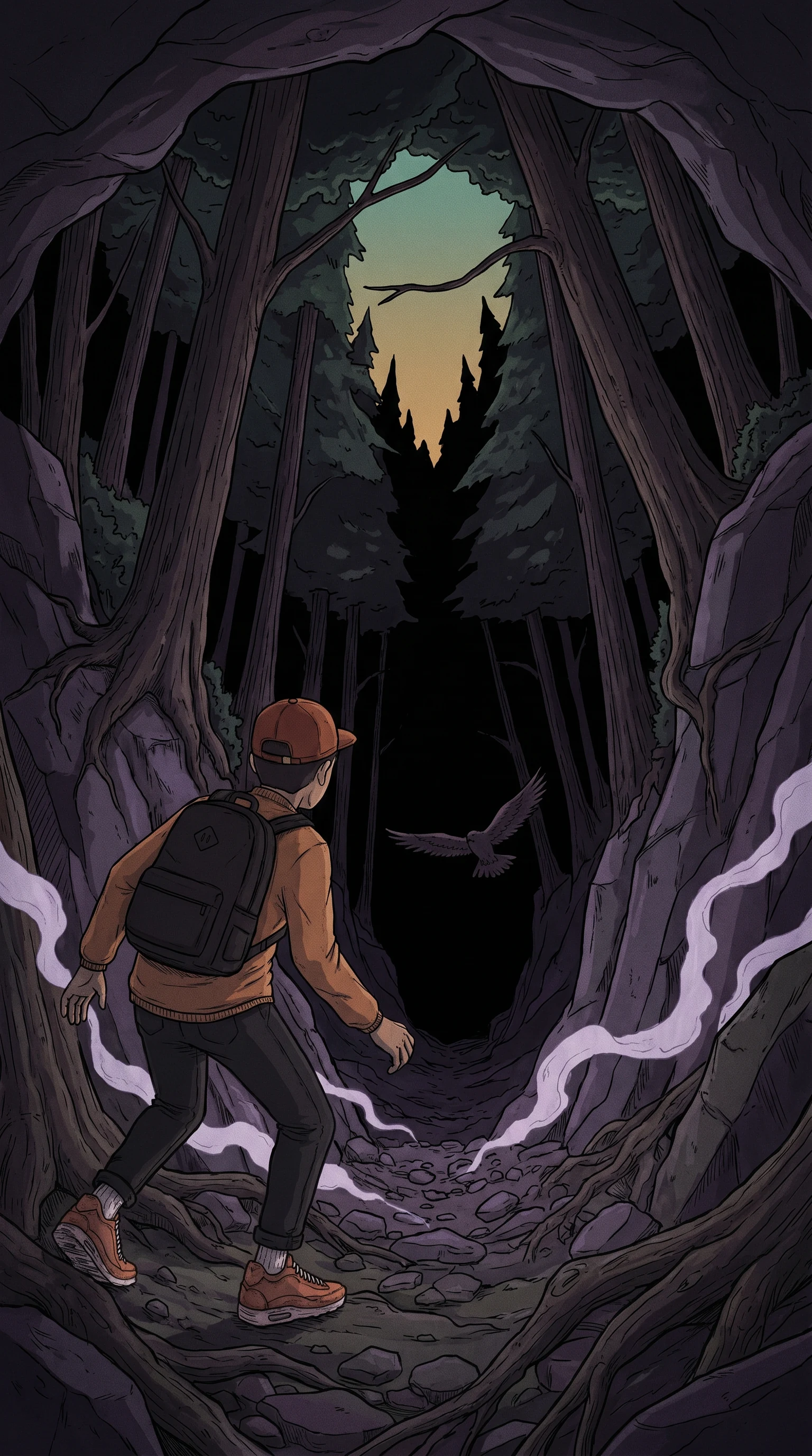 Dark valley cave forest, urgency
