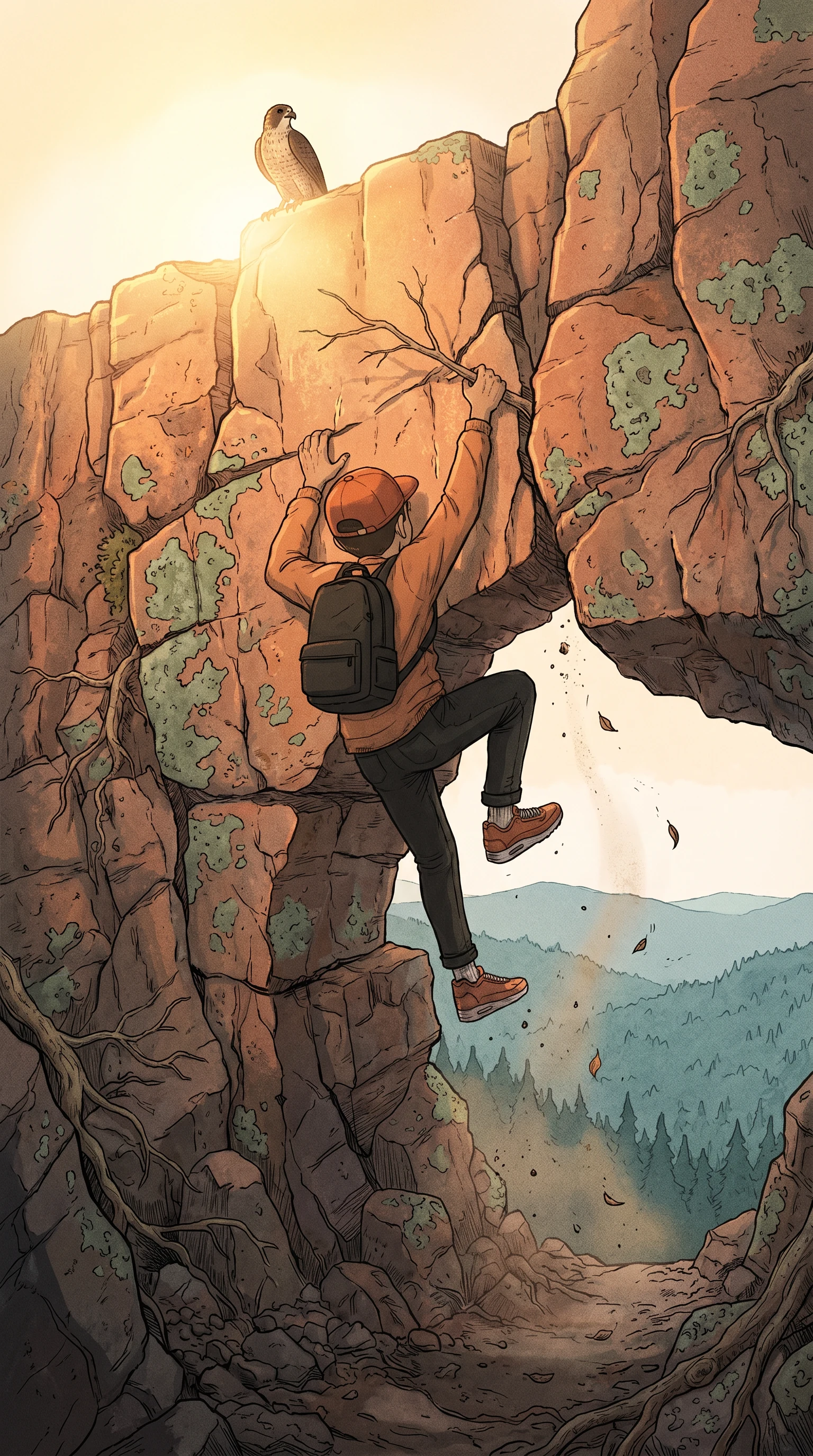 Cliff face climb, hawk waiting above