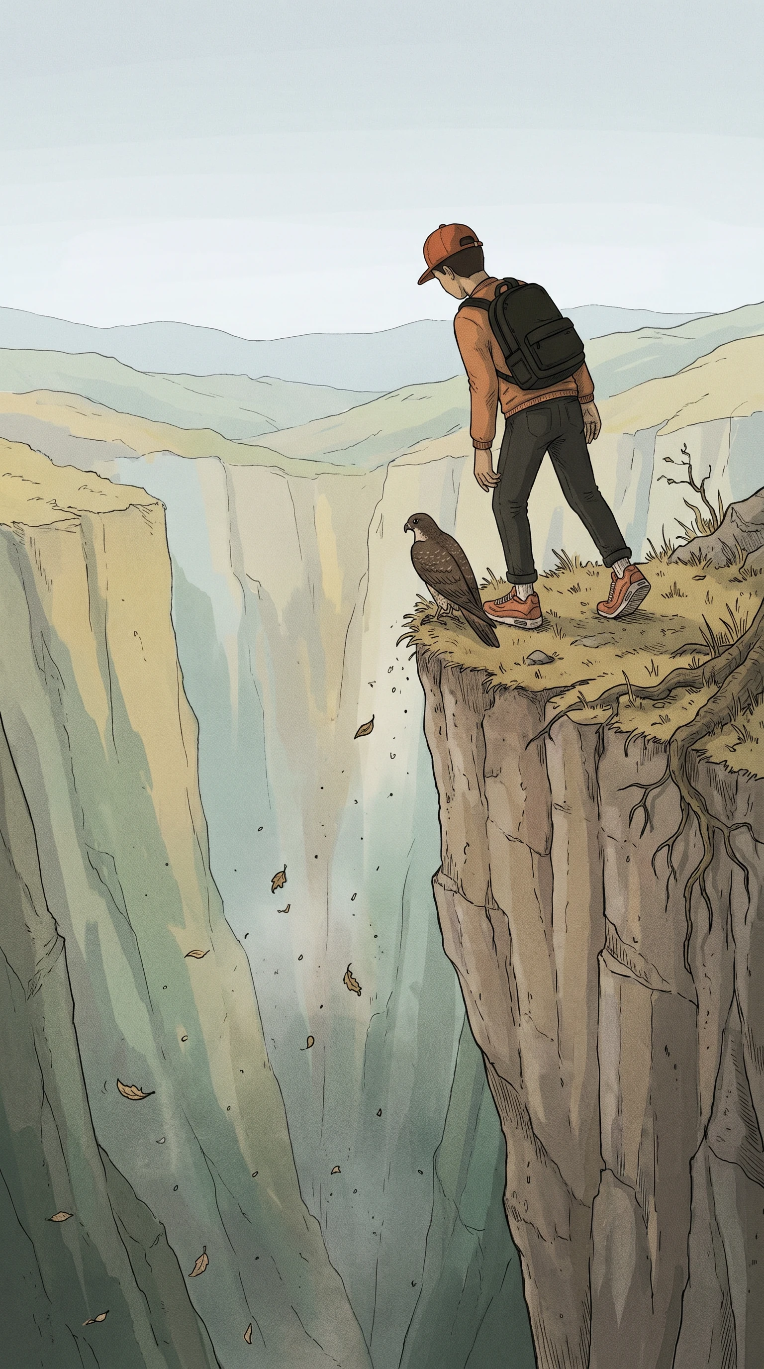 Cliff overlook, steep valley drop, hawk at edge