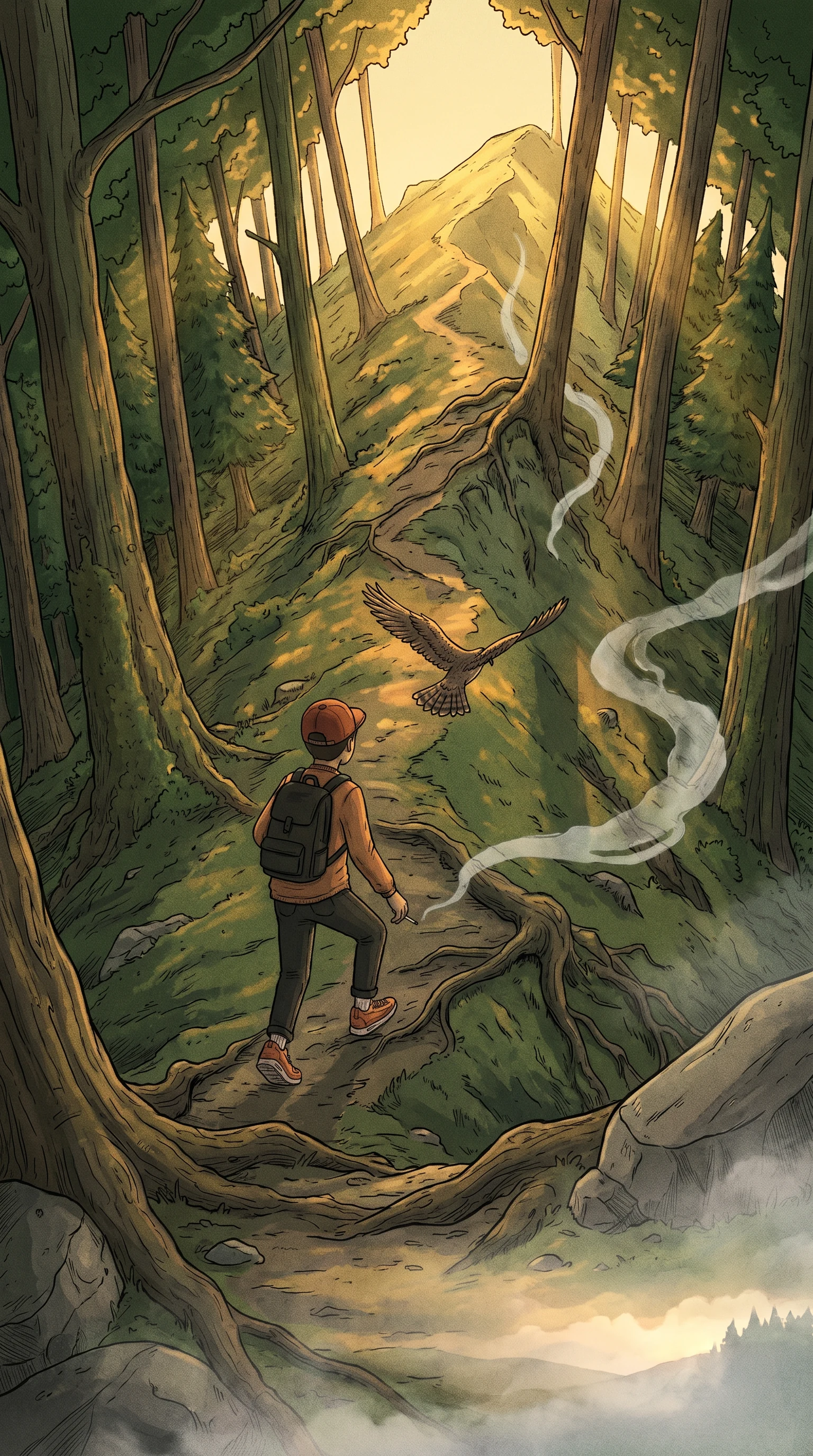Steep uphill ridge, warm light through trees