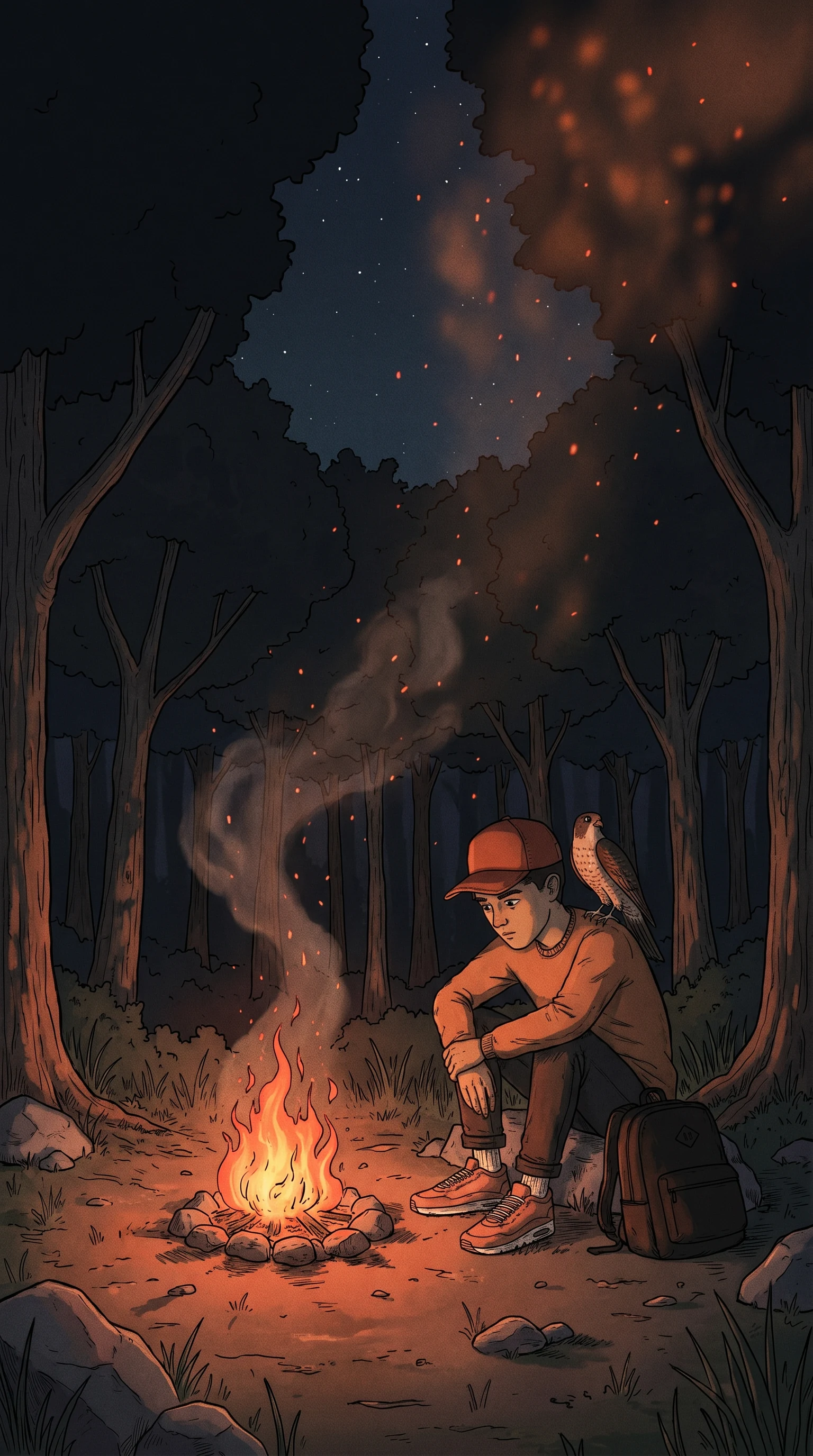 Nighttime campfire reflection
