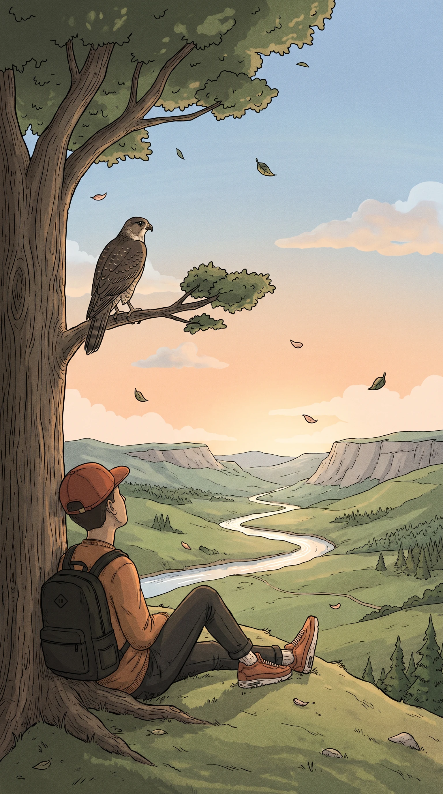 Hilltop peace, hawk perched nearby