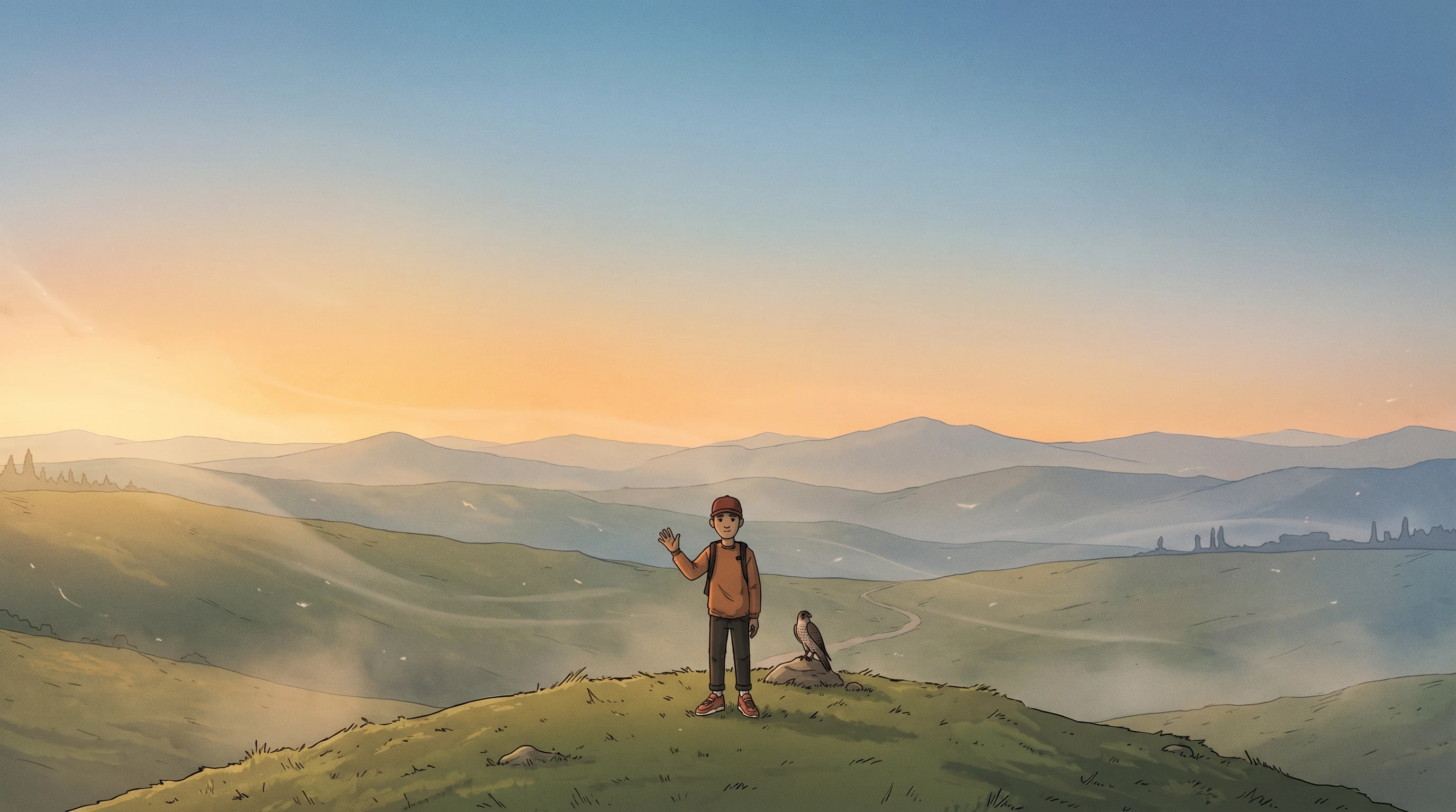 Hilltop ending — open landscape, character waving